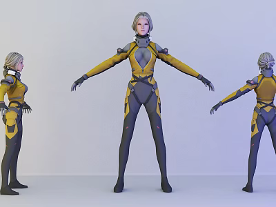 Game Movie Character 3D Model With Yellow Black Outfit And Gray Hair Three Angle Poses 3d model