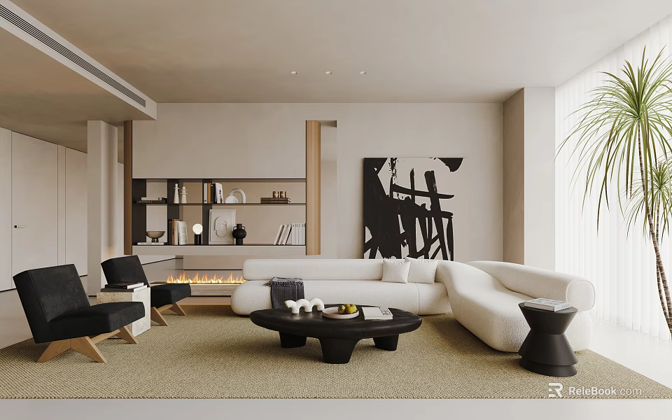 Modern Minimalist Living Room Interior With White L Shaped Sofa Black Armchairs And Abstract Art 3d model 