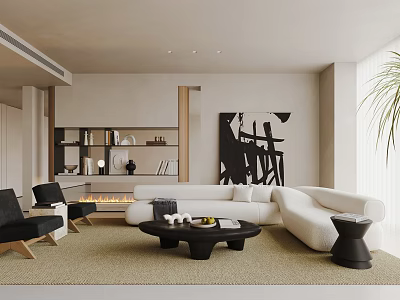 Modern Minimalist Living Room Interior With White L Shaped Sofa Black Armchairs And Abstract Art 3d model