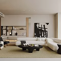 Modern Minimalist Living Room Interior With White L Shaped Sofa Black Armchairs And Abstract Art