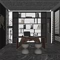Modern Elegant Office Interior With Wooden Desk Bookshelves Marble Floor And Blinds