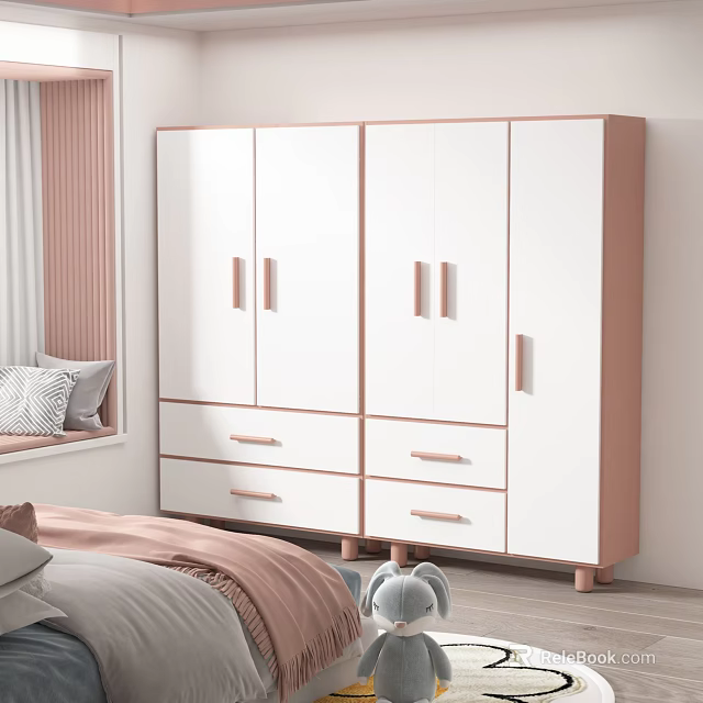 Modern White and Pink Wardrobe With Cabinets Drawers in Bedroom Interior 3d model 