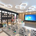 Modern Digital Store Interior With Hexagonal Ceiling Lighting Display Shelves And Electronic Products 3d model