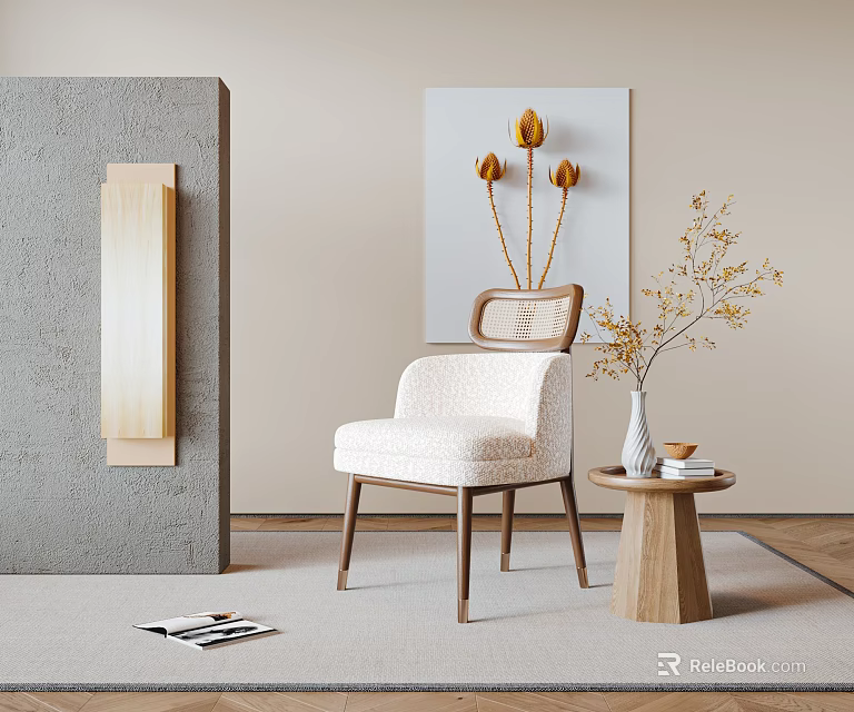 Leisure Chair with Wooden Frame Light Colored Cushion and Small Side Table Decorative Vase Flowers 3d model 