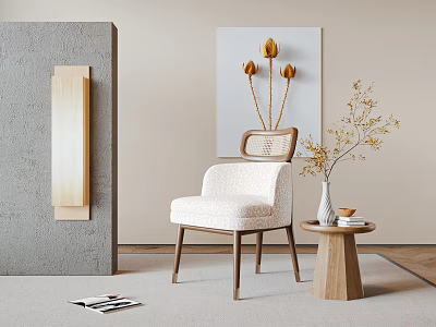 Leisure Chair with Wooden Frame Light Colored Cushion and Small Side Table Decorative Vase Flowers 3d model