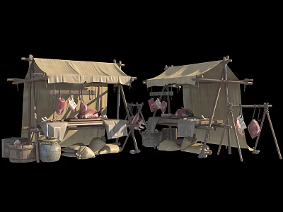 Traditional Meat Stalls With Canvas Awnings Hanging Meat Wooden Barrels and Sacks 3d model