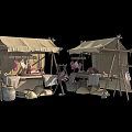 Traditional Meat Stalls With Canvas Awnings Hanging Meat Wooden Barrels and Sacks