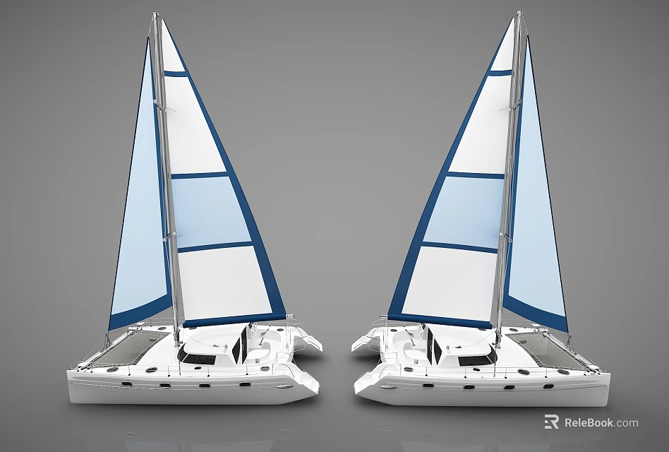 Two White Catamaran Yachts With Blue White Sails On Gray Background 3d model 
