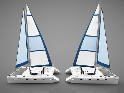 Two White Catamaran Yachts With Blue White Sails On Gray Background 3d model