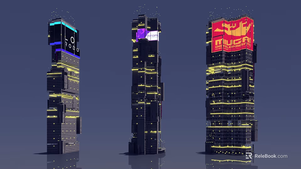 Future Architecture Modern Skyscrapers With Illuminated Design Colorful Billboards And Unique Structure 3d model 