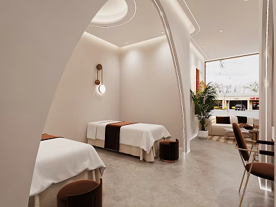 Elegant Modern Beauty Salon Interior With Massage Beds White Sheets And Green Plant 3d model
