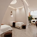 Elegant Modern Beauty Salon Interior With Massage Beds White Sheets And Green Plant