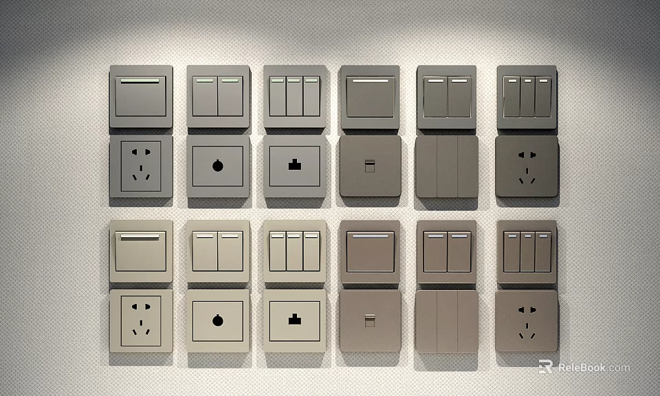 Various Gray Electrical Switch Panels With Different Designs And Sockets Arranged Neatly 3d model