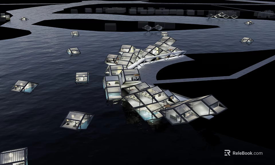 Modern Floating Architecture With Geometric Glass Structures On Water Surface 3d model 