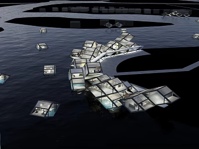 Modern Floating Architecture With Geometric Glass Structures On Water Surface 3d model