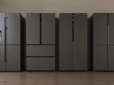Black Refrigerators Side by Side Arrangement Modern Design With Wooden Floor And Wall Background 3d model