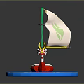 Small Red Water Transport Boat With Yellow Character Green Mast White Sail And Green Leaf