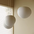 Three White Spherical Pendant Lights Hanging By Window With Blinds 3d model