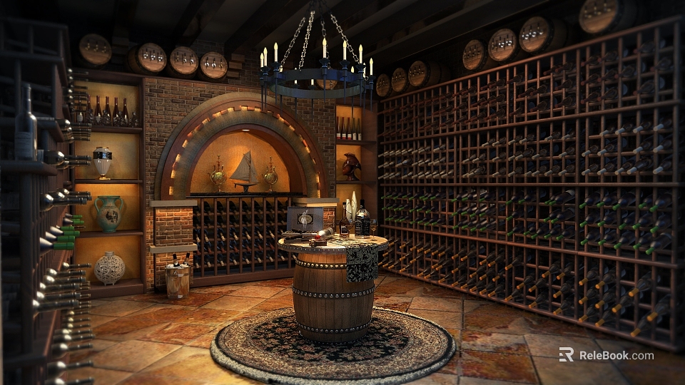 Rustic Wine Cellar Interior With Brick Wall Barrel Table Wine Racks And Chandelier 3d model 