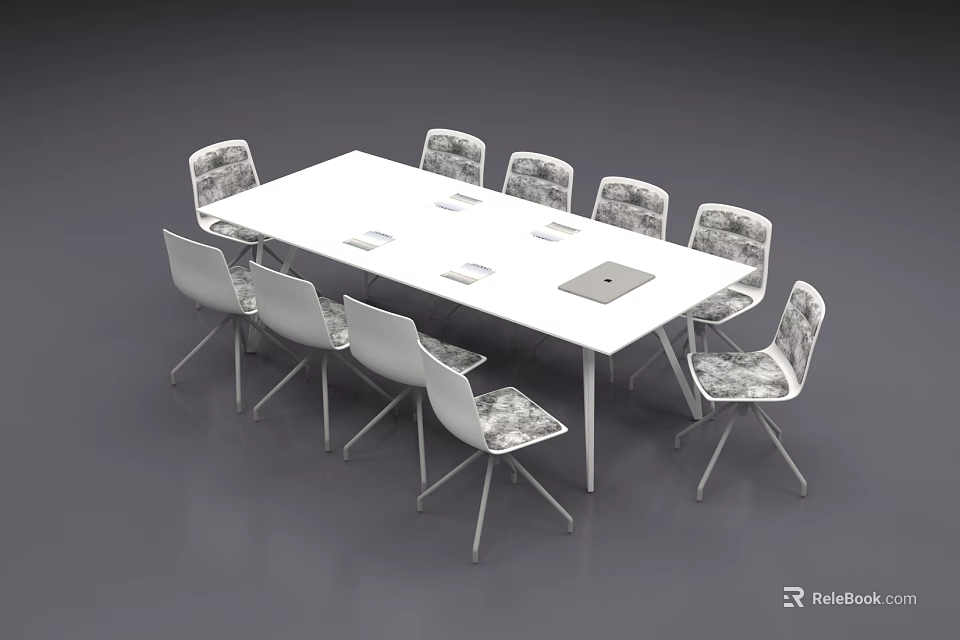 White Conference Table With Eight Patterned Chairs And Documents In Modern Office 3d model