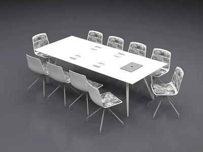 White Conference Table With Eight Patterned Chairs And Documents In Modern Office 3d model