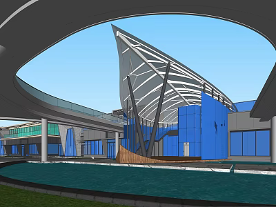 Modern Architectural Building With Blue Glass Facade And Metal Roof Structure Near Water Pool 3d model