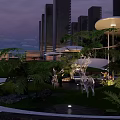Evening Commercial Landscape With Tall Modern Buildings Circular Fountain Pedestrian Plaza And Ambient Lighting