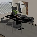 Modern Dining Table Set with Black Marble Top and Six Grey Chairs Green Plant