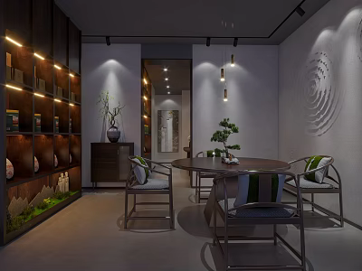 Contemporary Specialty Store Interior With Wooden Tables Chairs Display Shelves And Plants 3d model