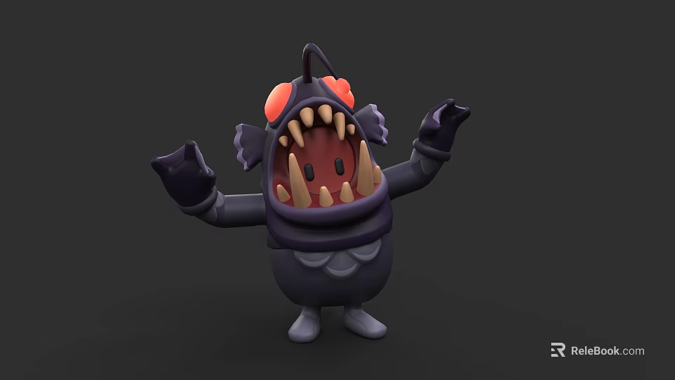 Cartoon Monster Character With Red Eyes Open Mouth Sharp Teeth And Outstretched Arms 3d model 