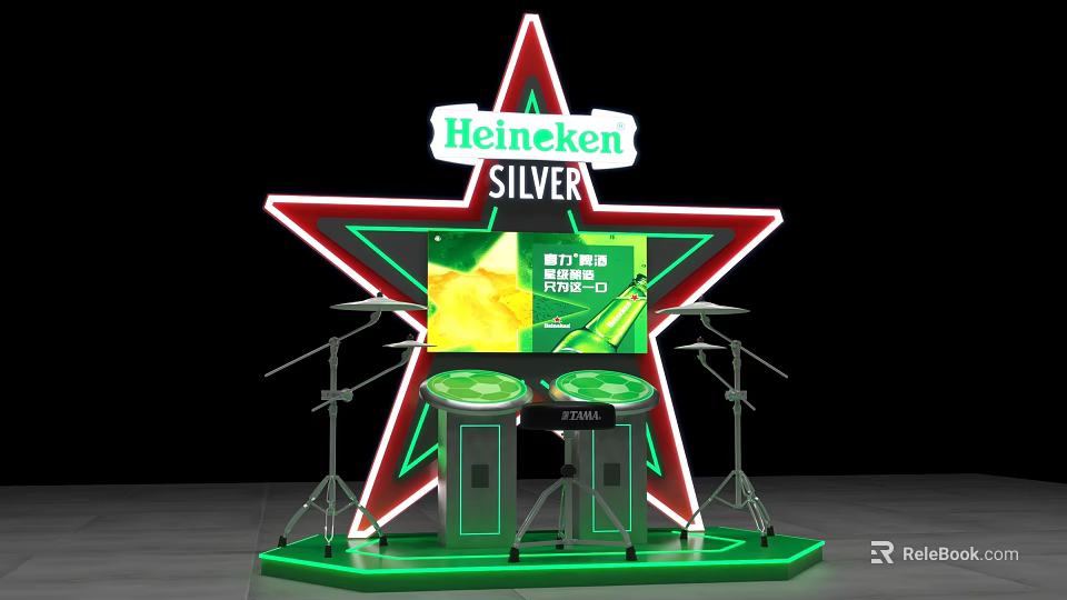 Heineken Silver Interactive Zone With Star Shaped Neon Light Screen And Drum Devices 3d model