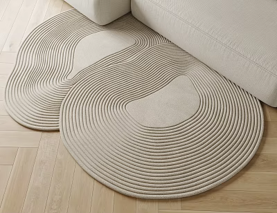 Single Beige Sofa With Round Woven Rugs On Wooden Floor Interior 3d model