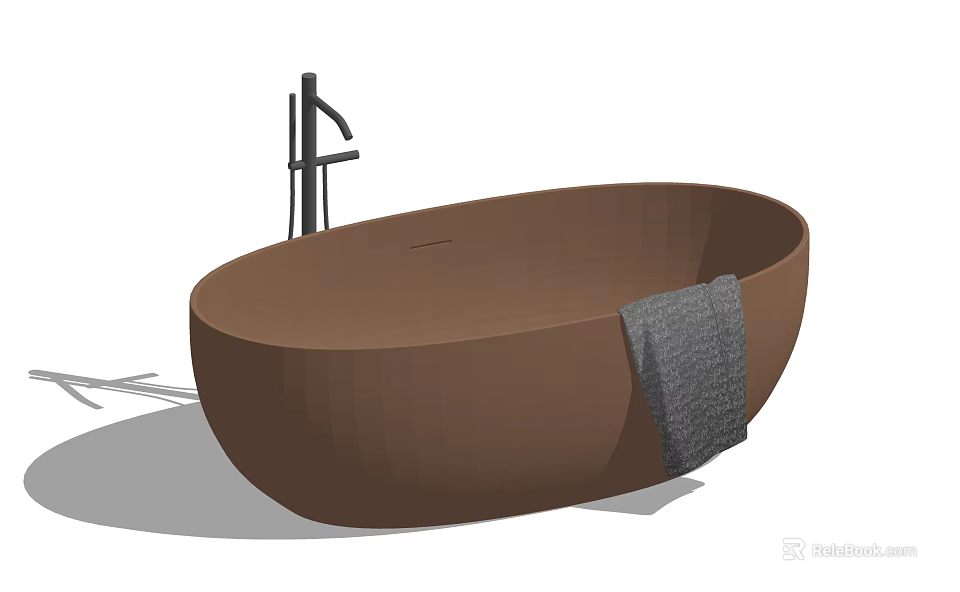 Modern Brown Oval Shaped Bathtub With Black Faucet And Gray Towel 3d model 