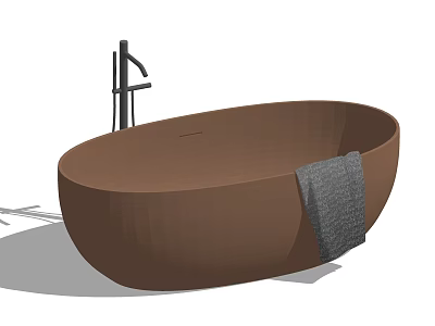 Modern Brown Oval Shaped Bathtub With Black Faucet And Gray Towel 3d model
