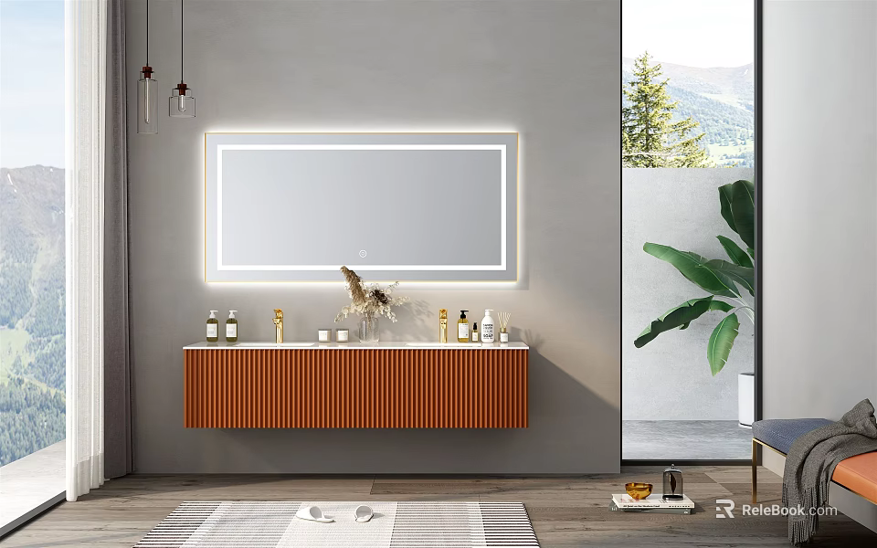 Wall Mounted Bathroom Vanity With Orange Wooden Slats Backlit Mirror Toiletries And Mountain View 3d model 