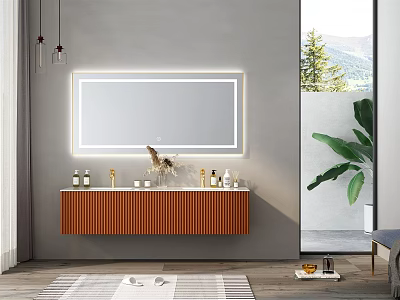 Wall Mounted Bathroom Vanity With Orange Wooden Slats Backlit Mirror Toiletries And Mountain View 3d model