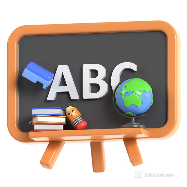 Educational Supplies Setup With Chalkboard ABC Letters Eraser Books Pencil Sharpener And Globe 3d model 
