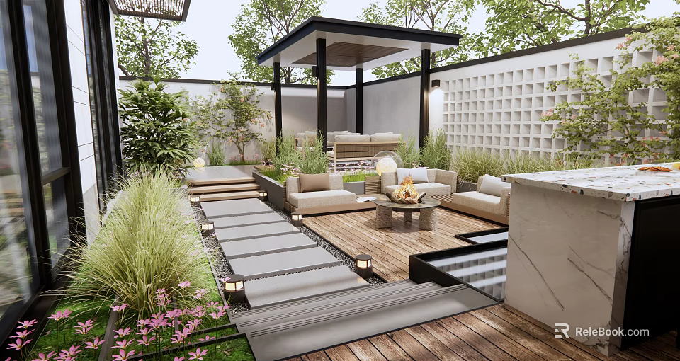 Modern Courtyard Garden Design With Wooden Deck Seating Area Greenery Lattice Wall And Lighting 3d model 