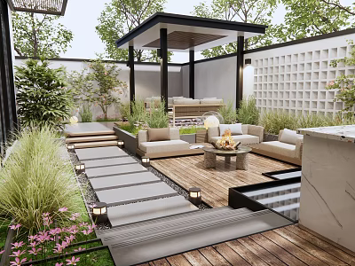 Modern Courtyard Garden Design With Wooden Deck Seating Area Greenery Lattice Wall And Lighting 3d model