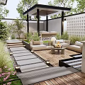 Modern Courtyard Garden Design With Wooden Deck Seating Area Greenery Lattice Wall And Lighting