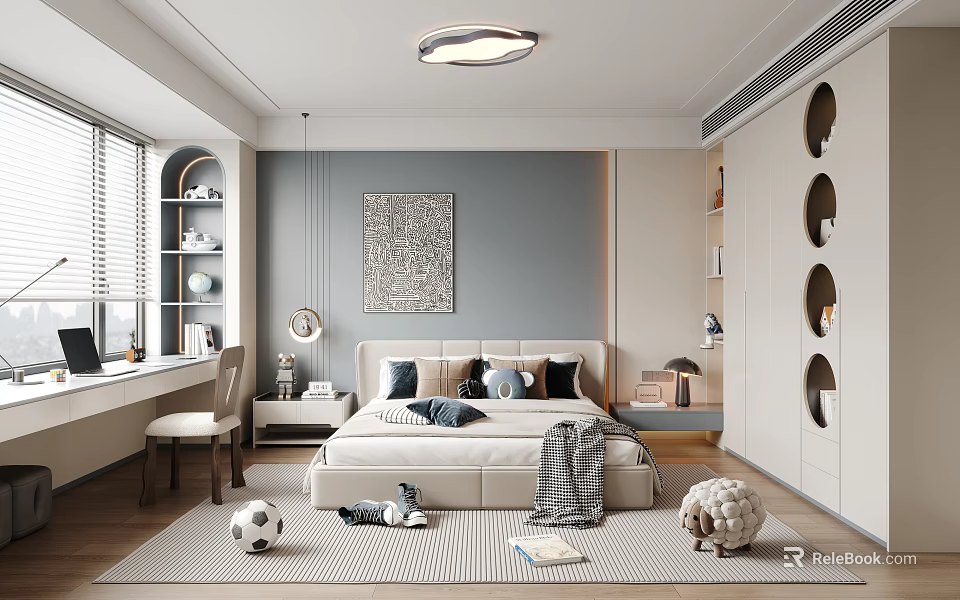 Cozy Kids Room Interior Design With Bed Stuffed Toys Soccer Ball Study Desk And Bookshelf 3d model 