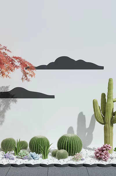 Bonsai Potted Plants With Red Maple Tree Cactus Succulents And Hexagon Mirror On Cloud Wall 3d model