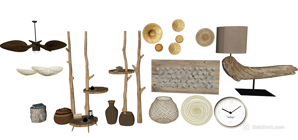 Natural Garden Decorations With Wooden Stands Trays Woven Lampshades And Round Ornaments 3d model 