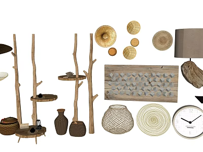 Natural Garden Decorations With Wooden Stands Trays Woven Lampshades And Round Ornaments 3d model