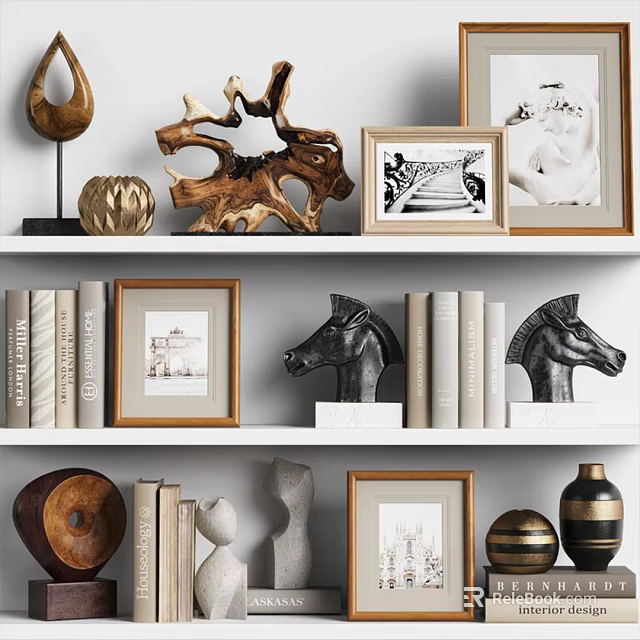 Decorative Ornament Set with Wooden Sculpture Horse Figurines Photo Frames Books and Vases on Shelf 3d model 