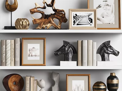 Decorative Ornament Set with Wooden Sculpture Horse Figurines Photo Frames Books and Vases on Shelf 3d model