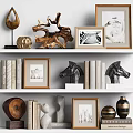 Decorative Ornament Set with Wooden Sculpture Horse Figurines Photo Frames Books and Vases on Shelf