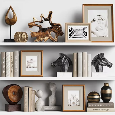 Decorative Ornament Set with Wooden Sculpture Horse Figurines Photo Frames Books and Vases on Shelf 3d model