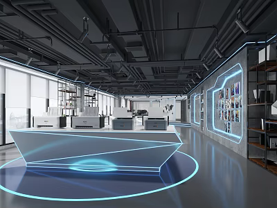 Modern Tech Inspired Office Interior With Illuminated Reception Desk And Blue Lighting 3d model
