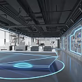 Modern Tech Inspired Office Interior With Illuminated Reception Desk And Blue Lighting 3d model